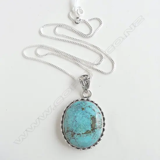 LG FILIGREE SILVER SET TURQUOISE PENDANT w SILVER CHAIN, L440mm