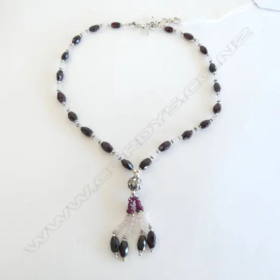 SILVER AND FACET CUT GARNET TASSELLED NECKLACE