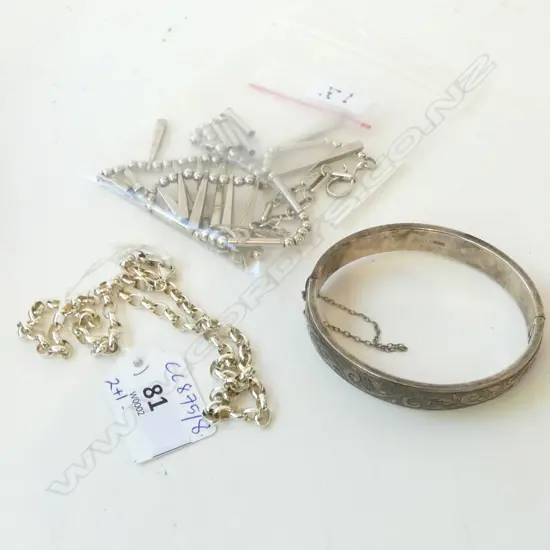 2 SILVER NECKLACES ONE A/F + STG BANGLE, 65gms