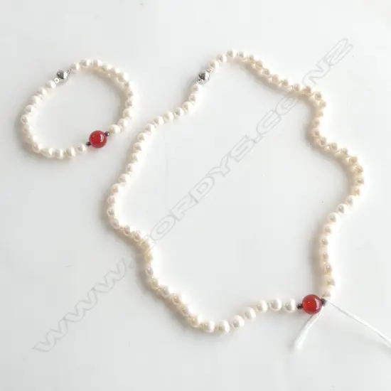 FRESH WATER PEARL & CARNELIAN NECKLACE/BRACELET L.670/190mm