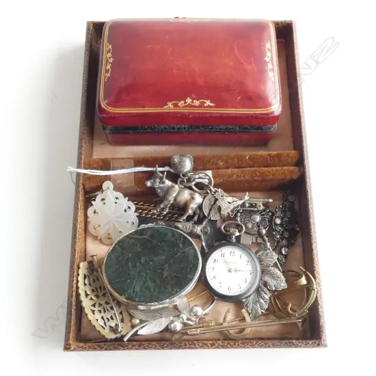 ASST. ESTATE JEWELLERY: SILVER ladies fob watch + crucifix + novelty silver articulated doll charm + moss agate snuff bo