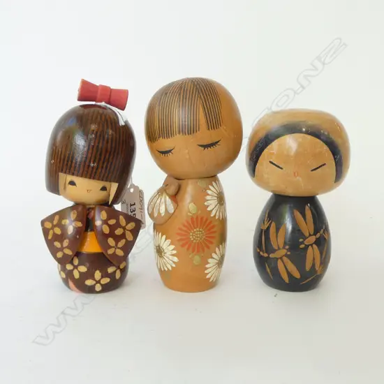 THREE MID CENTURY DOLLS, TWO SIGNED, 1 w RED STAMP, H.140,135,120mm