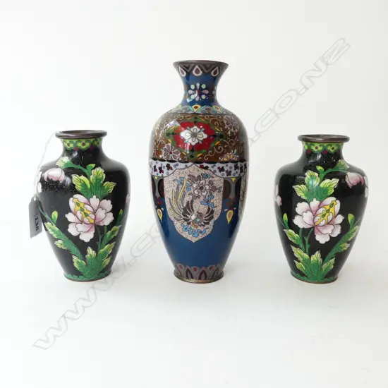 PR CLOISONNES VASES H.140 & TALLER CLOISONNE w. PHOENIX MOTIF H.200mm