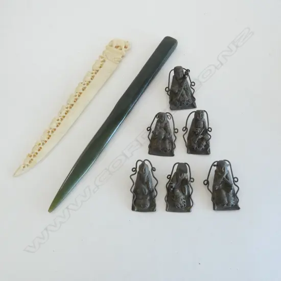 IVORY PAPER KNIFE L.160mm, JADE BLADE L.185mm, 6 ORIENTAL SILVER? FIGURES H.340mm