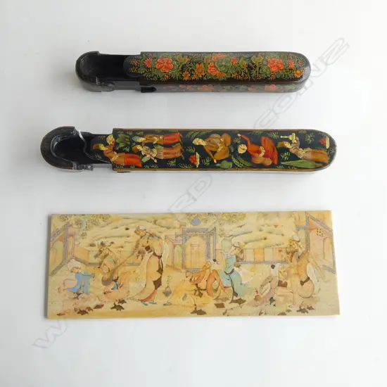 2 LACQUERED HAND PAINTED TURKISH WRITING BOXES & PAINTED MINIATURE OF MIDDLE EASTERN SCENE L.300mm