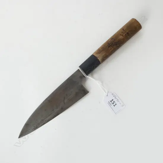 JAPANESE CARBON STEEL HAND FORGED CHEF'S KNIFE, SIGNED BLADE & HANDLE, BLADE L.150mm