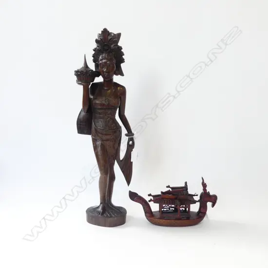 CARVED WOODEN FIGURE H.530mm w. CARVED DRAGON BOAT