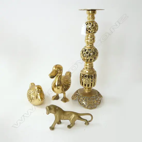 BRASS CANDLESTICK H.330mm , 2 BRASS DUCKS & BRASS DOG