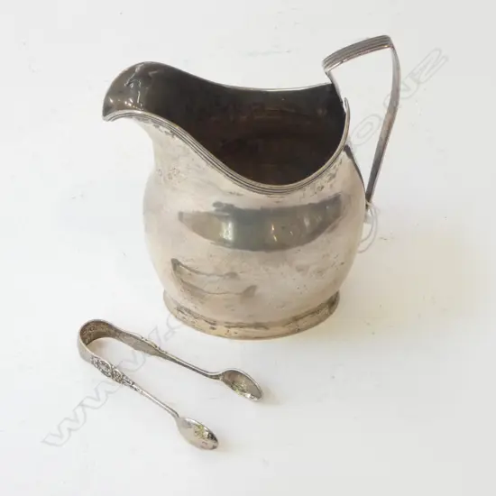 GEORGIAN STG SILVER JUG H.110mm fault + MINI TONGS 105gms