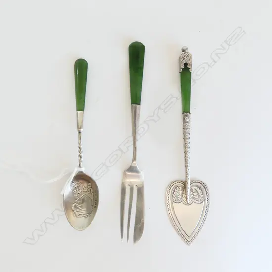 3 STG SILVER & GREENSTONE CUTLERY; W. SLANEY NZ 1898 L.135mm, FORK, TEASPOON w. MAORI WOMAN
