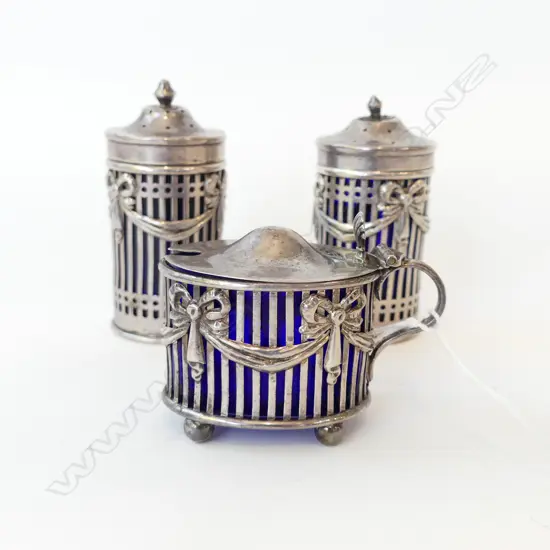 STERLING SILVER BLUE LINED 3 PIECE CRUET SET, 1895, WITH SWAGS & FESTOONS, RETICULATED, 108gms