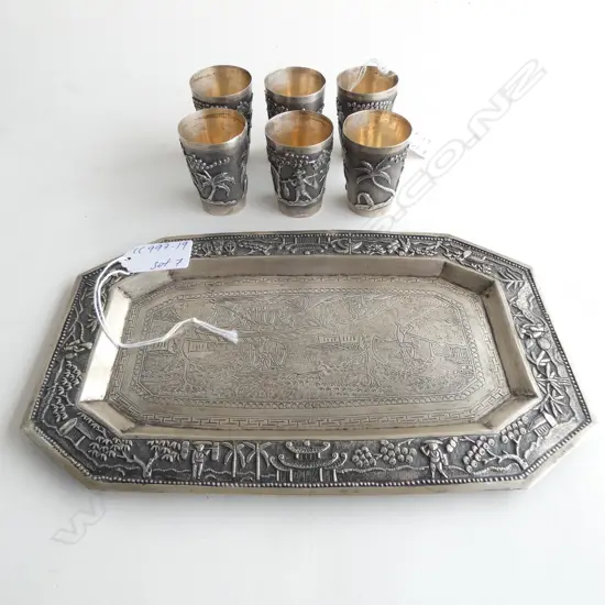 SILVER CHINESE OCTAGONAL ELONGATED TRAY L.225mm WITH 6 SMALL CUPS, PALMS & COOLIE DECORATION IN RELIEF. 309gm