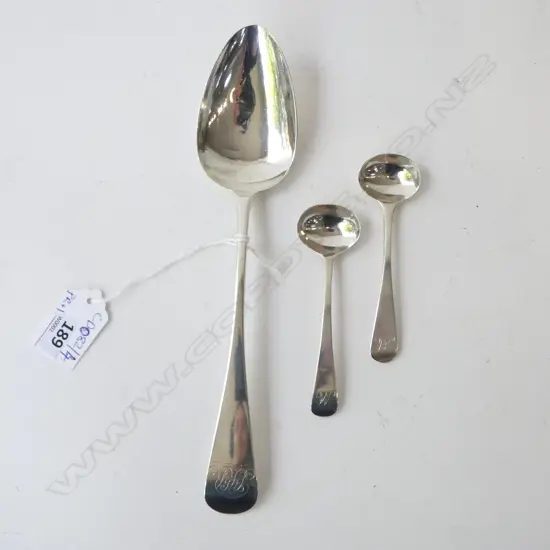 GEO. STG SILVER TABLE SPOON, RICHARD FERRIS EXETER 1802 52grms + PR CONDIMENT SPOONS LONDON 1826 17grms