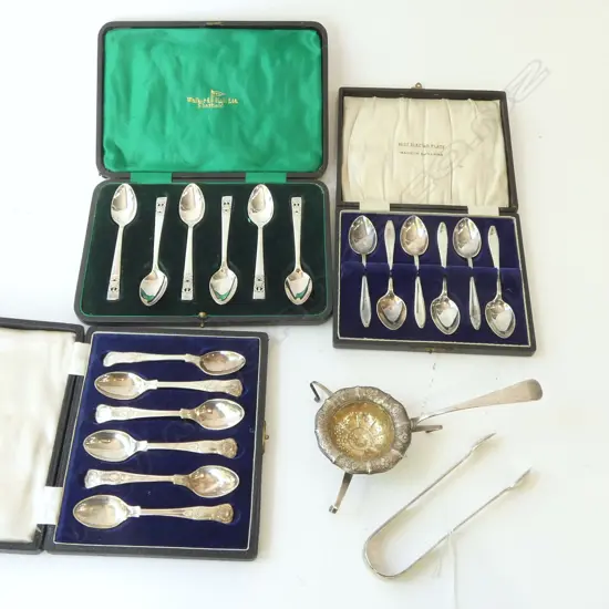 STG SILVER TONGS 39gms + SILVER? STRAINER + 3 CASES EP CUTLERY