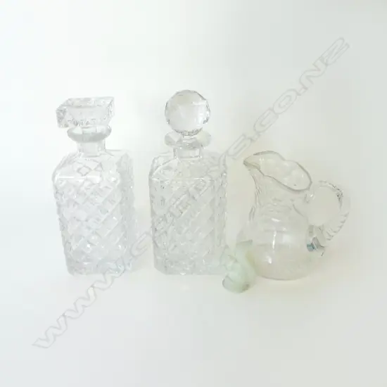 FRENCH GLASS SQUIRREL ORNAMENT & 2 CRYSTAL DECANTERS + JUG