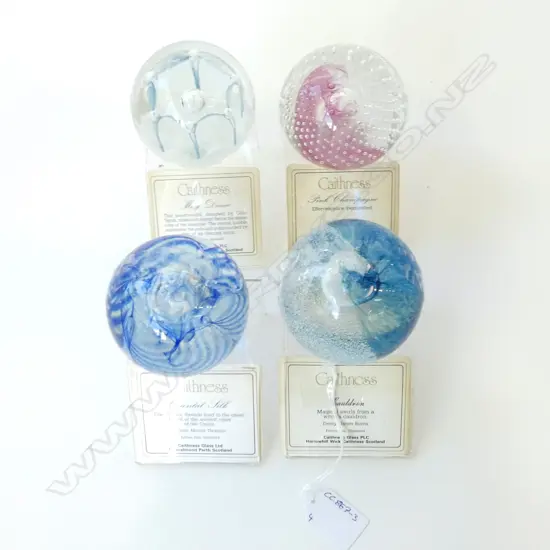 4 CAITHNESS GLASS PAPERWEIGHTS; ORIENTAL SILK, PINK CHAMPAGNE, CAULDRON, MAY DANCE