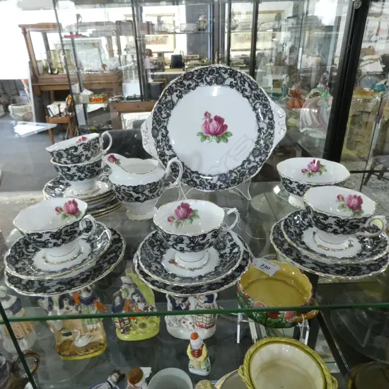 ROYAL ALBERT 'SENORITA' TEA CHINA; 5 TRIOS, MILK & SUGAR, CAKE PLATE Dia.230mm etc