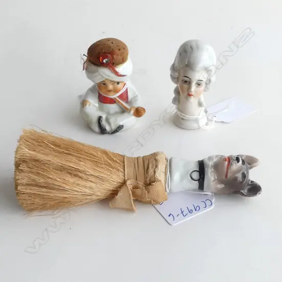3 CERAMIC NOVELTIES: HALF DOLL, BRUSH w. FOX HEAD, PIN CUSHION, H.60mm