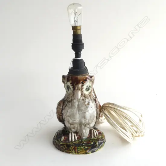 UNUSUAL MAJOLICA OLD OWL LAMP BACKSTAMP LOOKS FRENCH, H.130mm