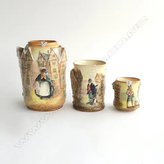'THREE DOULTON DICKENS VASES, WITH PATTERNS IN RELIEF, SARAH GAMP H.170 mm BILL SYKES H. 115 & SAM WELLER H. 70mm