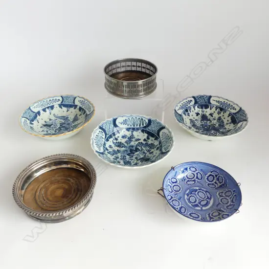 2 EP WINE COASTERS, 3 DELFT BOWLS 180mm dia, ANTIQUE B/W SAUCER