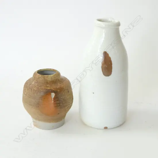 2 STUDIO POTTERY PIECES INCL MILK BOTTLE BY SUZY DUNSER 180mm + wood fired small vase