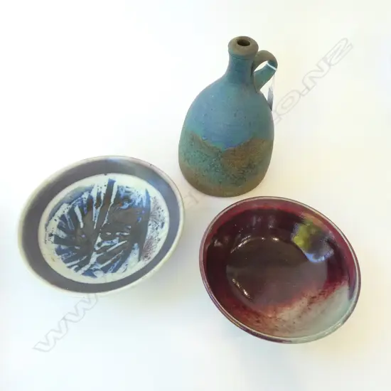 2 STUDIO POTTERY BOWLS 240mm dia + VASE H.235mm