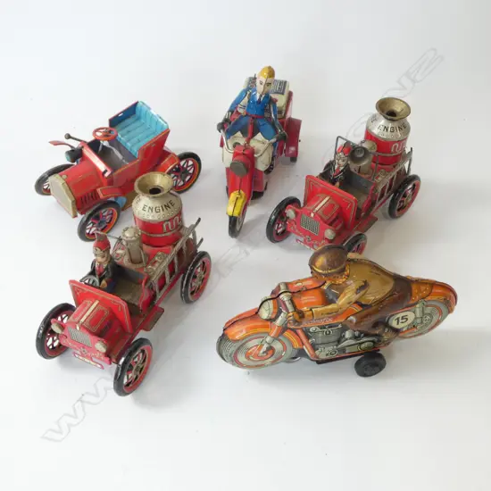 5 VINTAGE TIN TOYS; Incl. 2 FIRE, 1 POLICE, BIKER & OTHER