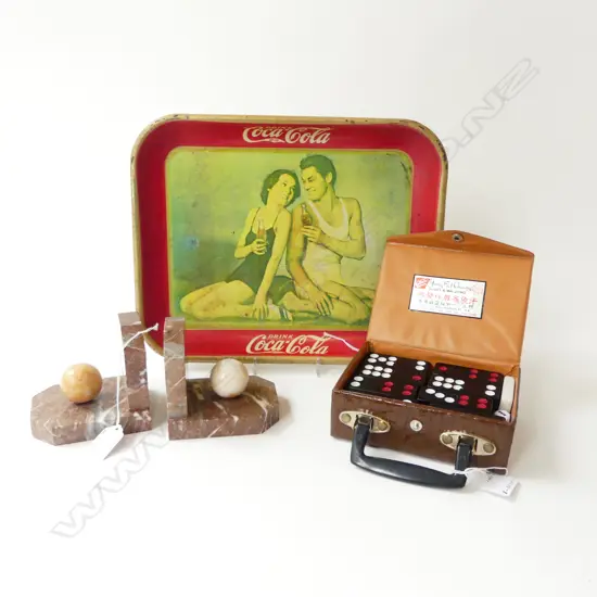 3 VINTAGE ITEMS; PR MARBLE BOOKENDS, DOMINOES IN CARRY BOX (MADE IN HONG KONG) & RETRO COCA COLA TRAY