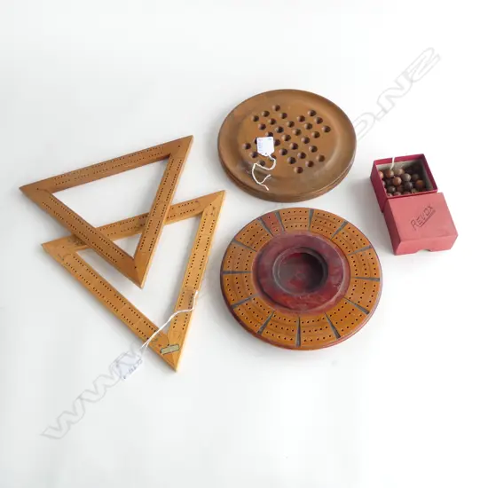 TWO TRIANGULAR BOARDS CRIBBAGE & ONE CIRCULAR WITH SOLITAIRE BOARD & OLD 1920S Balls.