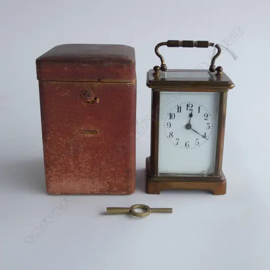 OLD CARRIAGE CLOCK IN ORIGINAL LEATHER TRAVELLING CASE, RUNNING, H.130mm