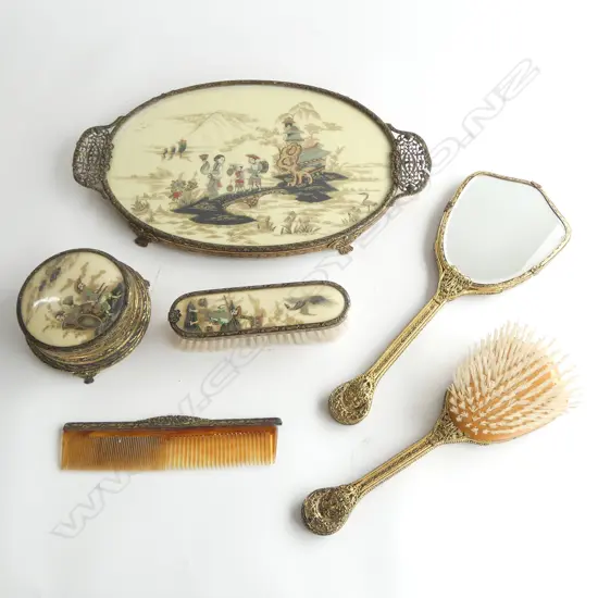 VINTAGE ORIENTAL GILT FILIGREE 6pce VANITY SET L.375mm