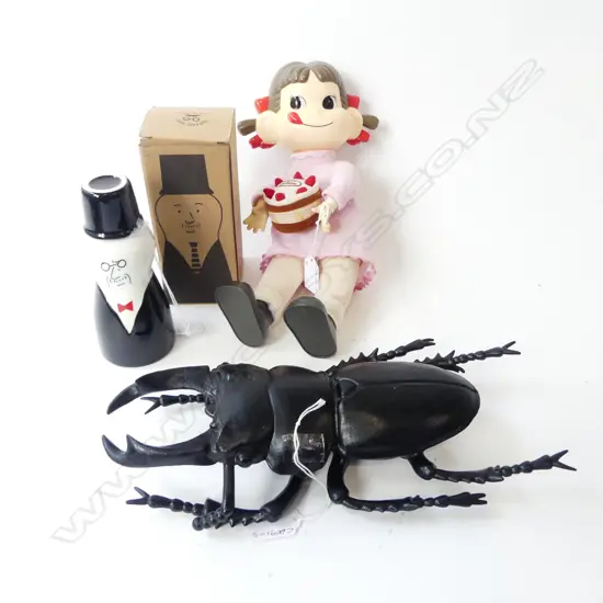 3 JAPANESE ITEMS;1969 VINTAGE CULT FIGURE JAPANESE DOLL, AI FUJIWARA DESIGNER SAKI BOTTLE/CUP, MODEL PLASTIC BEETLE