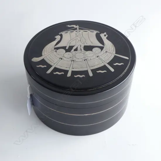 HEAVY COMPOSITE? CIRCULAR LIDDED CONTAINER w. INLAID SILVER? VIKING DESIGN, LID MARKED VERSO H.100 Dia.175mm