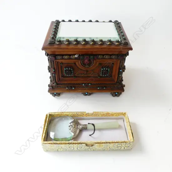 JEWELLED WOODEN BOX W.180mm + MAGNIFYING GLASS