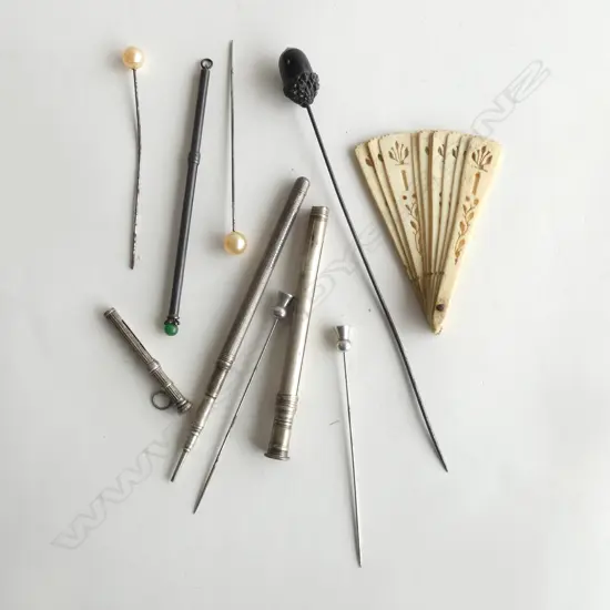 ASST PROPELLING PENCILS + SWIZZEL STICK + HAT PINS + bone small fan some silver