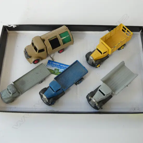 5 VINTAGE DINKY MODEL TRUCKS; 4 FLAT DECKS + GARBAGE TRUCK L.110mm