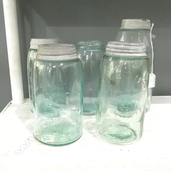 5 ANTIQUE GLASS MASON'S PRESERVING JARS (1 LID MISSING) LARGEST H.235mm
