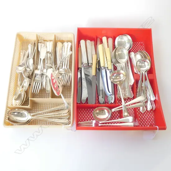 2 TRAYS ASST. EP CUTLERY INCL. IVORINE 'BONE' & MOP? HANDELED KNIVES