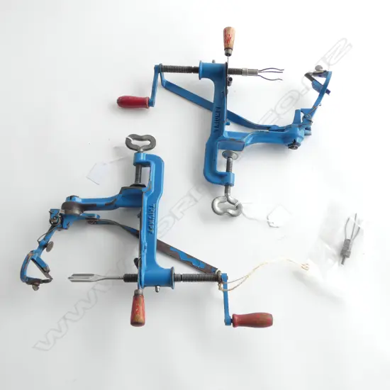 2 PEFRA TRIUMPF BLUE PAINTED CAST IRION HAND WOUND APPLE PEELERS; 1 w. EXTRA ATTACHEMENT, L.350mm