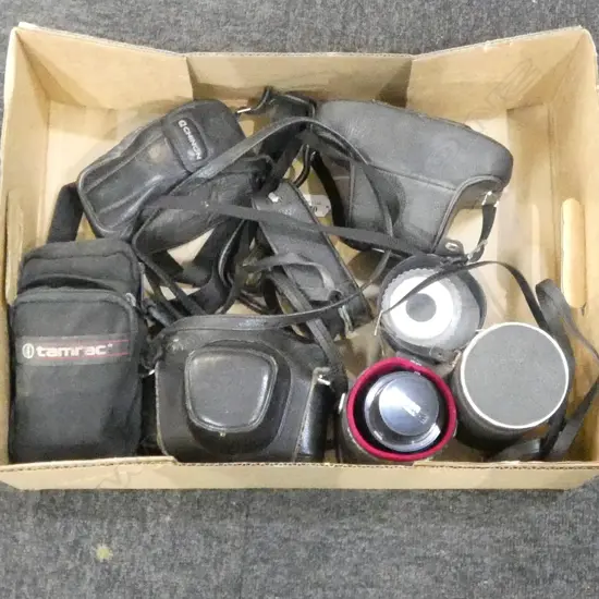 ASST VINTAGE CAMERAS; YASHIKA, ASAHI, 2 CASED LENSES, etc