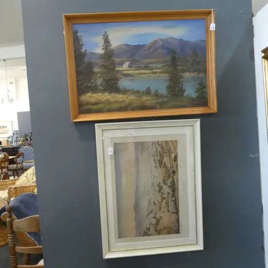 C. AUBREY WELLINGTON PRINT + F. THOMAS 'CHURCH AT TEKAPO' OIL ON BOARD 1976 450x675mm