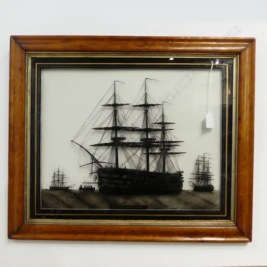 ANTIQUE REVERSE PAINTED GLASS ARTWORK 'THE SHIP FOUDROYANT' 370x460mm