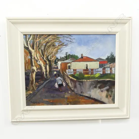 RUSSELL HOLLINGS, FREEMANS BAY, OIL ON BOARD, SIGNED, TITLE VERSO, 360x455mm