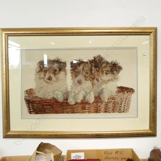 FRAMED TAPESTRY OF 3 PUPPIES IN BASKET 520x8750mm
