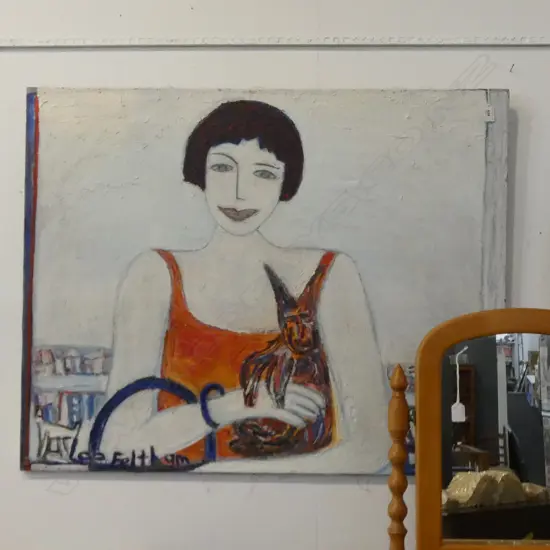 LEE FELTHAM,PORTRAIT OF THE ARTIST WITH HER CAT, ACRYLIC ON BOARD, SIGNED, 800 X 1000MM, provenance below