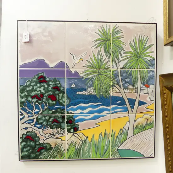 WAIPU TILES STUDIO, ROD AND PATSY BOWEY TILE WORK 460x460mm Coastal scene w gannet