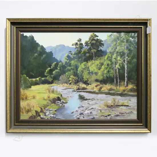 BERNICE SMART 'MAUNGAKOTUKUTUKU STREAM' OIL ON BOARD 1979 440x595mm