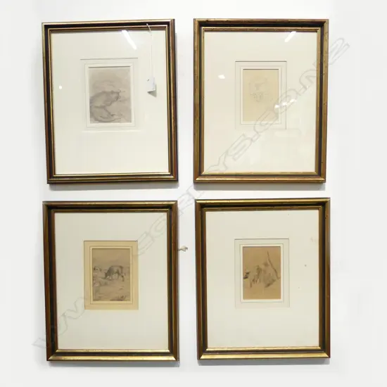 4 UNSIGNED PENCIL SKETCHES; 2 CATS, 2 COWS 130x100mm