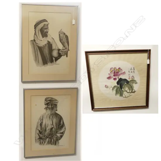 3 ARTWORKS; PR ARAB GENT PORTRAIT PRINTS 480x330mm + ORIENTAL FLORAL WC 340mm dia